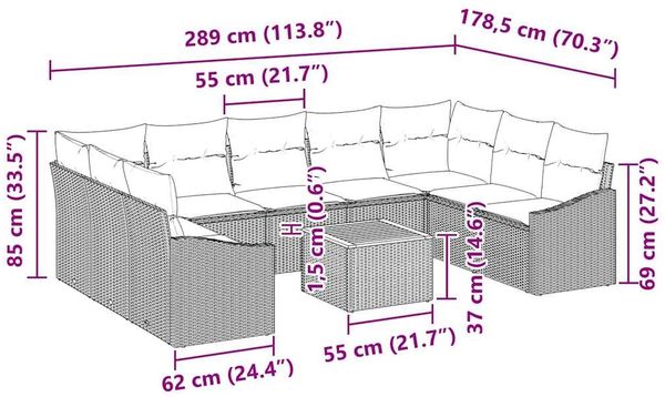 vidaXL Gartensofa-set mit Kissen 10 pcs Grau Poly-Rattan 3347874 Bild 9