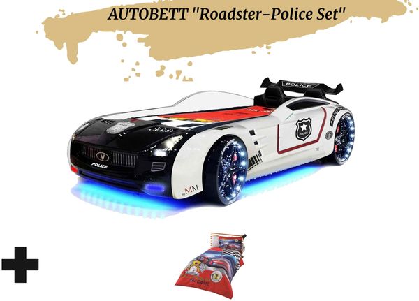 Autobett Kinderbett "Roadster Police" Schwarz Weiß LED Sound Sportsitze Lattenrost Spoiler 90x190 cm