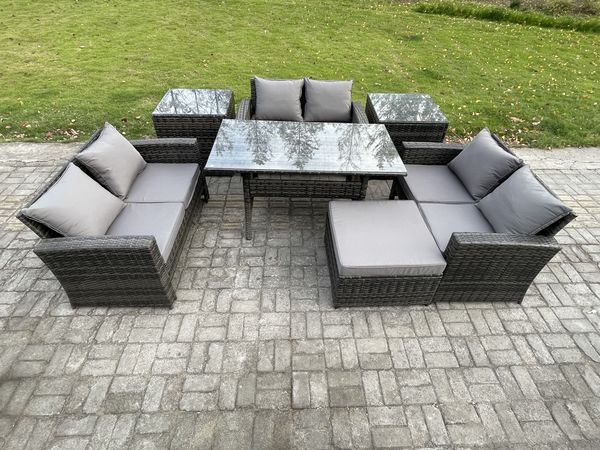Fimous Polyrattan Gartenmöbel-Sets mit Länglicher Esstisch Doppelsitzsofa 2 Beistelltischen Großer Fußhocker Dunkelgrau gemischt