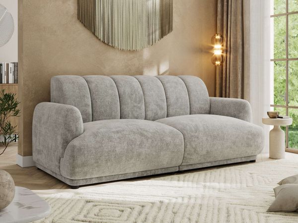 Modernes 3-Sitzer Design Sofa GERRA, feststehende Couch mit ergonomischer HR-Schaum Rückenlehne, hochwertige Wellenfederung, stabiler Massivholzrahmen, Luxus-Optik - Hellgrau Schenille grob gewebt