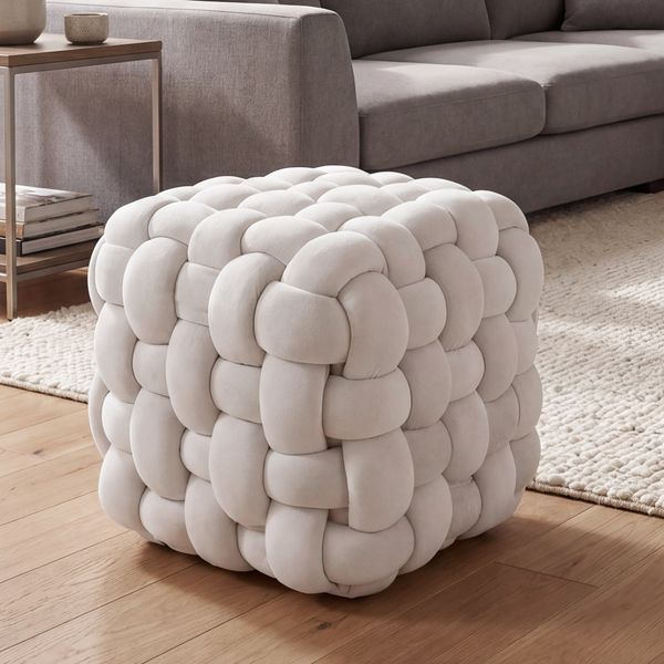 Hocker HWC-Q48, Sitzhocker Ottomane Polsterhocker Knoten-Pouf, Samt (220g/m²) 39cm ~ beige