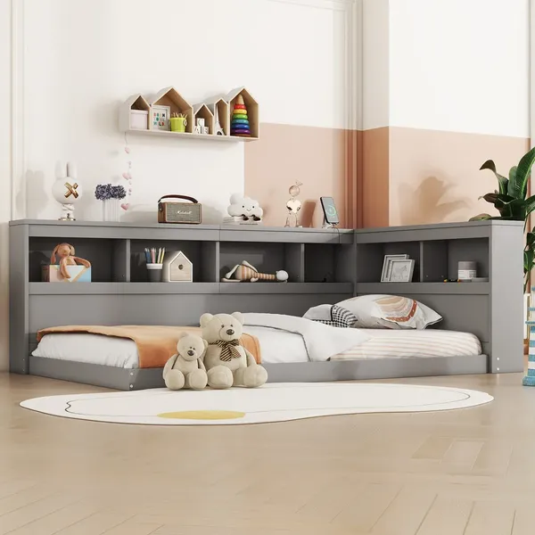 Jugendbett mit Bücherregal, USB Anschlüssen und Steckdosen, 90x200 cm, Einzelbett, Holzbett