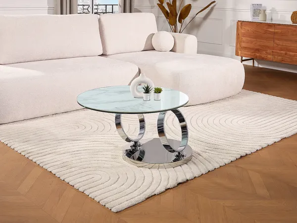 Vente-unique - Couchtisch mit drehbaren Tischplatten - Keramik & Glas - Weiß mit Marmor-Effekt - JOLINE