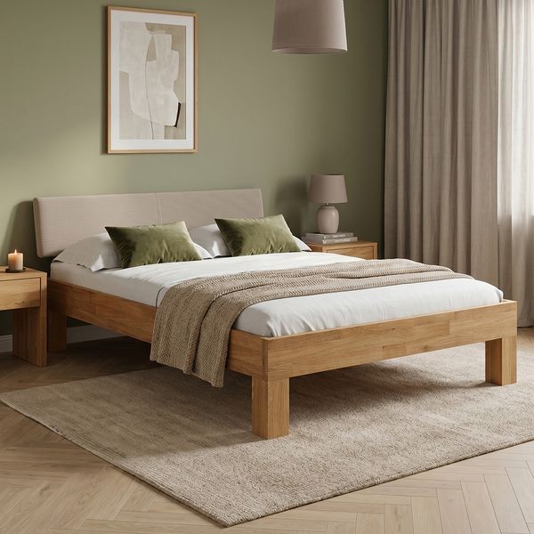 skølm 'Floki' Bett 140x200 cm mit Kopfteil Cord, beige, Bettgestell, natur geölt, Massivholzbett aus Eiche, Doppelbett mit Bettkopf