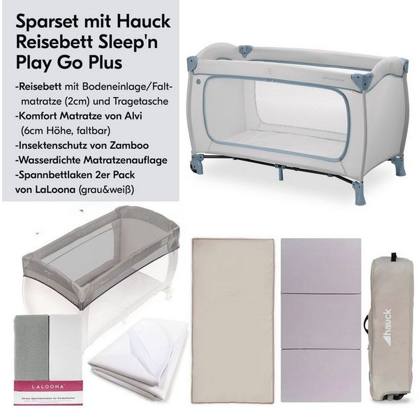 Hauck Baby-Reisebett Sleep N Play Go Plus XXL Set - Dusty Blue, Kinder Reisebett mit Matratze, Spannbettlaken & Insektenschutz faltbar