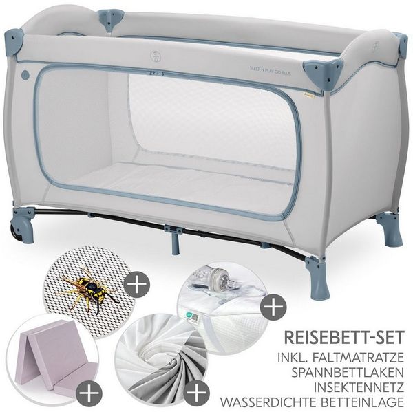 Hauck Baby-Reisebett Sleep N Play Go Plus XXL Set - Dusty Blue, Kinder Reisebett mit Matratze, Spannbettlaken & Insektenschutz faltbar
