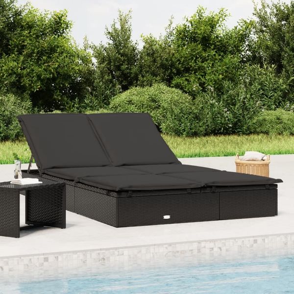 Sonnenliege, Gartenliege für 2 Personen mit Auflage Schwarz Poly Rattan