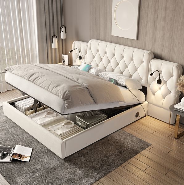 Polsterbett 180x200 cm mit Stauraum – Samtbett in Beige mit USB-Anschlüssen, Leselampen und Hydrauliksystem