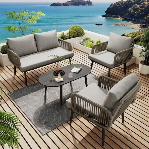 Flieks Gartenlounge-Set, 4-Sitzer Balkonset Gartenmöbel Seil mit Glasplatte in Holzmaserung