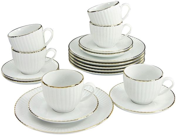 my home Kaffeeservice Geschirr-Set, Service Elisetta (18-tlg), 6 Personen, Porzellan, Goldband, Made in Europe, 18 Teile, für 6 Personen