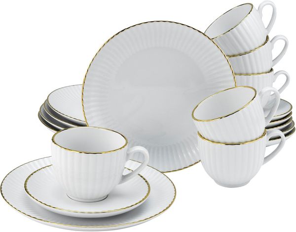 OTTO home Kaffeeservice Geschirr-Set, Service Ezzo (18-tlg), 6 Personen, Porzellan, Goldband, Made in Europe, 18 Teile, für 6 Personen