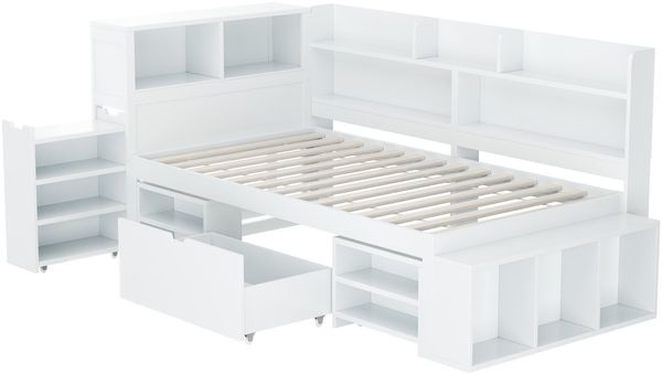 Merax Kinderbett mit Schubladen, Bücherregal & Stauschrank, mit Lattenrost, ohne Matratze, Plywood weiß, 90 x 200 cm Bild 9