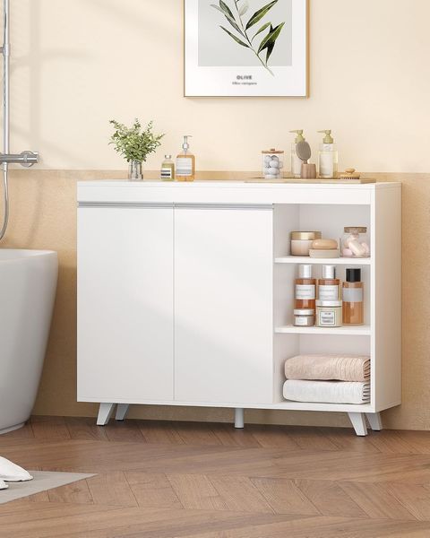 Badezimmerschrank, Sideboard mit 2 Türen, Badschrank mit 3 Offenen Ablage, Küchenschrank, Große Kapazität, Modern, für Wohnzimmer, Badezimmer 30 x 100 x 82 cm Weiß