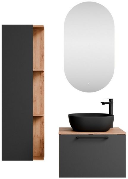 Planetmöbel Badmöbel-Set ASTRA, (Waschbeckenunterschrank, 4-St, Spiegel), Waschtisch und Waschbecken schwarz mit Spiegel & 1x Seitenschrank
