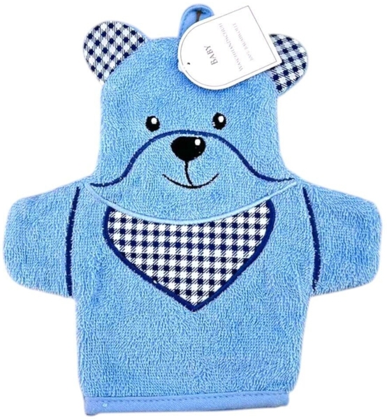 Baby Waschhandschuh Bär » Kinder Waschlappen Frottee » ca. 22x 15 cm reine Baumwolle » Wasch Handschuh - Blau