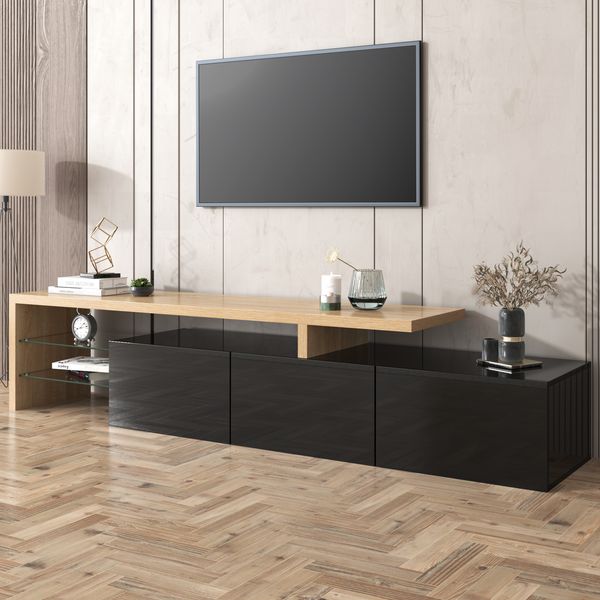 TV-Schrank B 197,5 x T 39 x H 42 cm aus MDF/Glas, Schwarz Hochglanz & Holzoptik, mit LED
