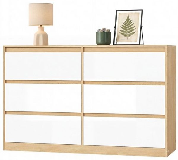 VASAGLE Kommode mit 6 Schubladen Modernes Sideboard für Schlafzimmer 119,4 x 40 x 75 cm Mandelgelb und Weiß