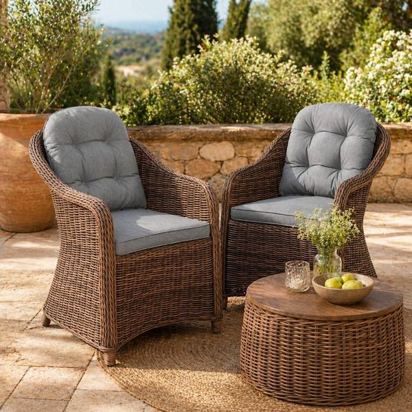 2er Set Sessel BELLA rundes Polyrattan Natural-Brown Gartensessel Armlehnsessel