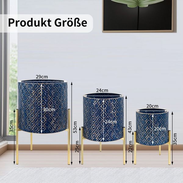 G-LEAF Blumentopf Moderne Pflanzgefäße aus Metall mit einzigartigem Rautenmuster (3 St), mit stabilem Goldständer, einfach zu montieren, blau