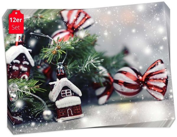 Tischsetmacher Platzset Tischsets I Platzsets - Weihnachten - Tannenzweige & Christbaumschmuck, (aus Naturpapier in Aufbewahrungsmappe, 12-St, 44 x 32 cm / grün), Made in Germany