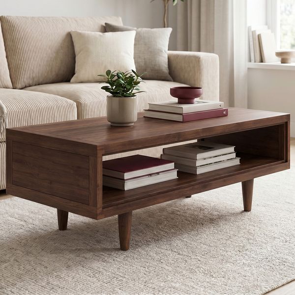 skølm 'Eivind' Couchtisch, aus Eiche Massivholz, Wohnzimmertisch mit Ablage, lackiert, Walnuss Optik, 110x50×40 cm