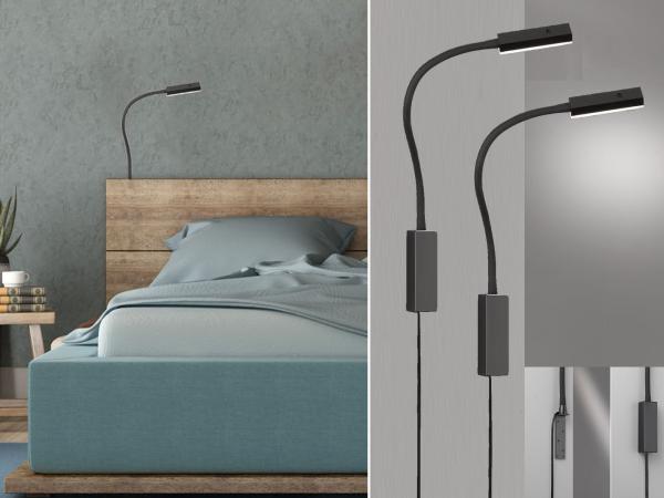 2er SET Leselampen für Bett- oder Wandmontage mit Kabel & Stecker, Schwarz