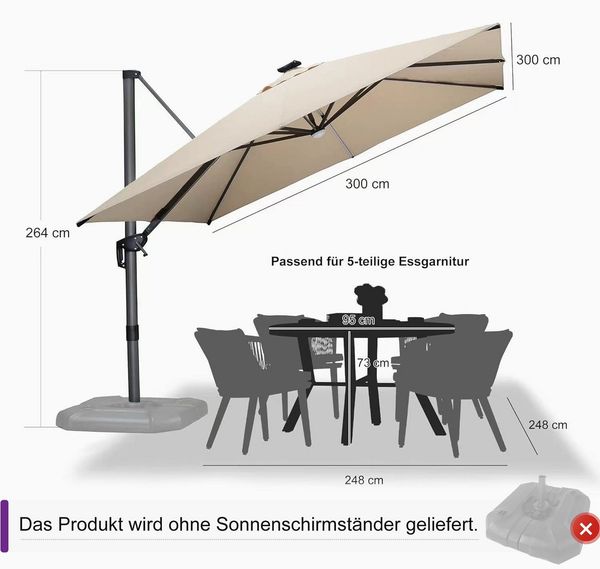 PURPLE LEAF Sonnenschirm Quadratischer Alu Groß Ampelschirm mit LED Licht, LxB: 300,00x300,00 cm, 360°Rotation, Sonnenschutz UV50+, für Garten, Pool, Patio