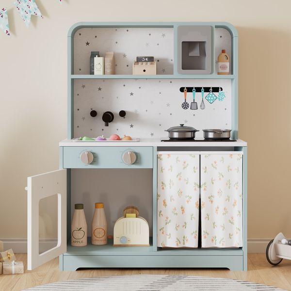 Merax Kinderküche, Spielküche mit Eiserzeuger und Mikrowelle, Zubehör und Überraschungseffekten, Ein ausgezeichnetes Geschenk für Kinder ab 3 Jahren, Holz + Kunststoff, Blau, 29x60x81cm