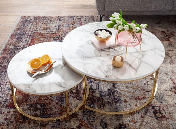 Kadima Design Couchtisch-Set mit Marmor-Optik: Eichenholz, Metallgestell, 80 x 80 x 36 cm & 60 x 60 x 26 cm, ineinanderschiebbar. Gold Bild 4