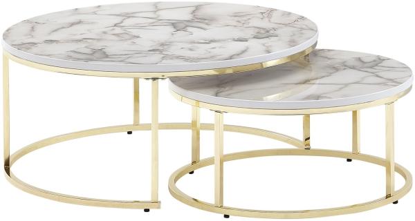 Kadima Design Couchtisch-Set mit Marmor-Optik: Eichenholz, Metallgestell, 80 x 80 x 36 cm & 60 x 60 x 26 cm, ineinanderschiebbar. Gold Bild 6