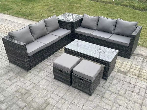 Fimous Rattan Garten Möbel Lounge Sofa Set im Freien mit länglichen rechteckigen Couchtisch Beistelltisch 2 Hocker