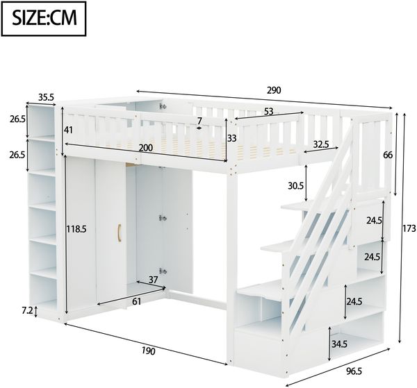 Merax Hochbett 90x200cm Einzelbett Jugendbetten Kinderbetten, mit Regalen, Stauschrank und großem Kleiderschrank, Sicherheitsleiter mit Ablagefächern, Weiß Bild 4