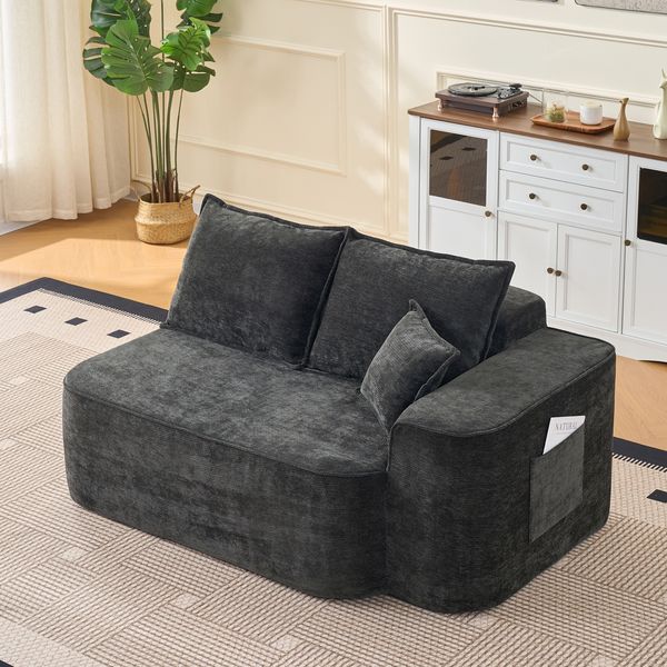 2-Sitzer Sofa mit Chaiselongue-Tiefe 105 cm und Seitentaschen – Chenille in Schwarz, ohne Montage