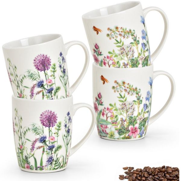matches21 HOME & HOBBY Tasse Kaffeetassen 4er Set Wiesen-Blumen Frühling Sommer 8 cm, 300 ml, 4-tlg, Porzellan, Spülmaschinenfeste Vintage Tee Kaffee-Becher weiss bunt