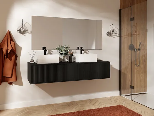Vente-unique - ARNEGA Waschbeckenmöbel Holz, Platte Schwarz - B 47 cm x H 32 cm x L 150 cm