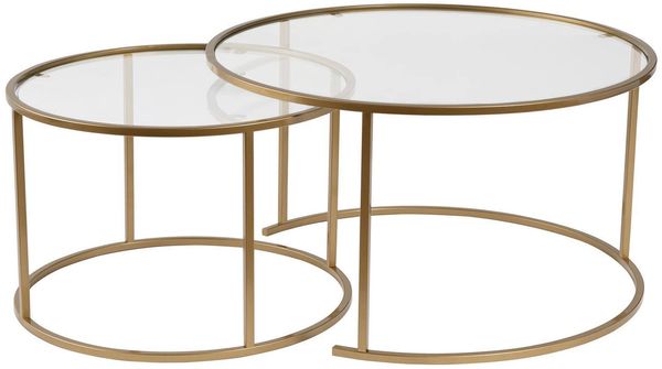 Dmora Set mit 2 Couchtischen Aedion, Niedriger Wohnzimmertisch, Kaffeeregal, Couchtisch für Sofa, 80x80 h43 cm, Gold und Transparent