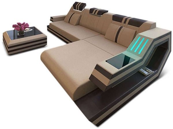 Polstersofa Materialmix Ravenna L-Form LED - Mikrofaserstoff - Cappuccino-Schwarz - Rechts