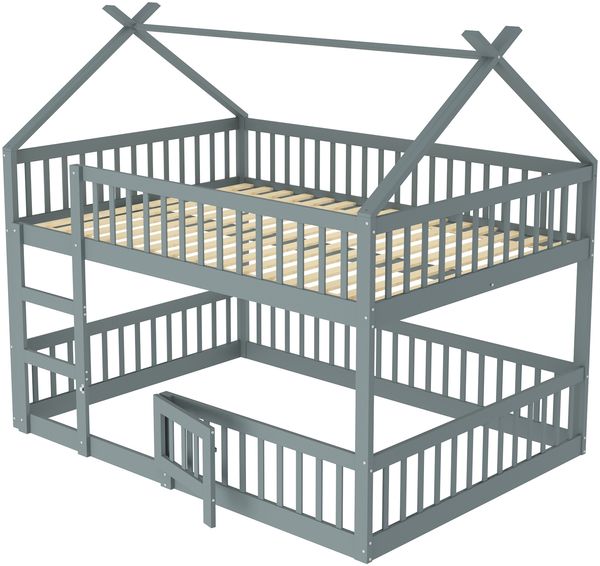Hochbett mit Liegefläche 140x200 cm, Treppe, hohem Rausfallschutz, Tür und stabilem Massivholzrahmen, Grau Bild 6