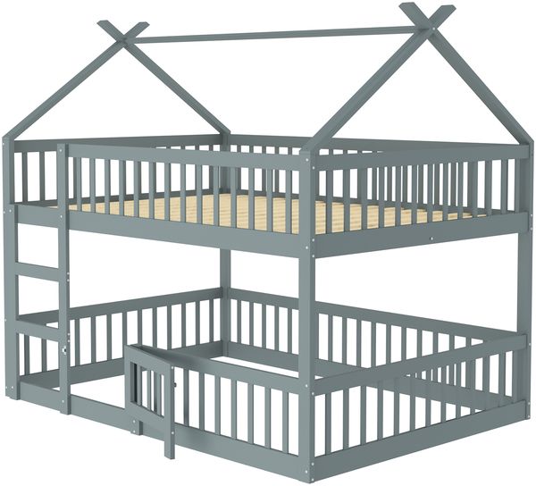 Hochbett mit Liegefläche 140x200 cm, Treppe, hohem Rausfallschutz, Tür und stabilem Massivholzrahmen, Grau Bild 8