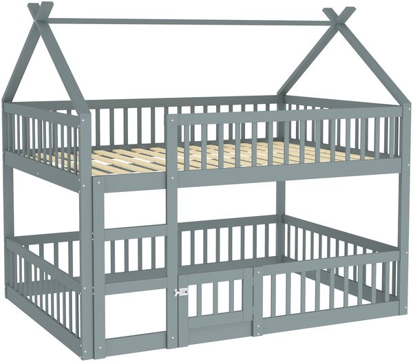 Hochbett mit Liegefläche 140x200 cm, Treppe, hohem Rausfallschutz, Tür und stabilem Massivholzrahmen, Grau Bild 4