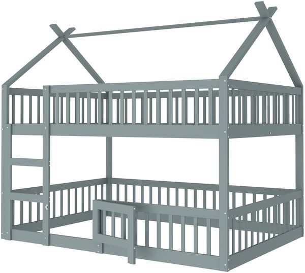Hochbett mit Liegefläche 140x200 cm, Treppe, hohem Rausfallschutz, Tür und stabilem Massivholzrahmen, Grau Bild 3