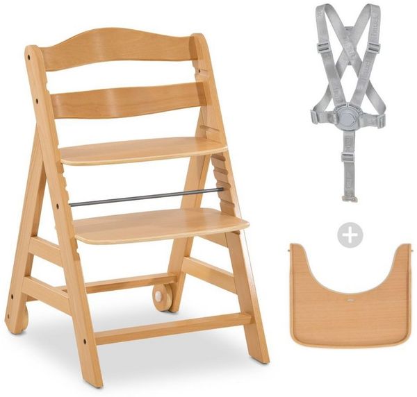 Hauck Hochstuhl Alpha Plus Move - Natur, Mitwachsender Holz Kinderhochstuhl mit Tisch, Rollen höhenverstellbar