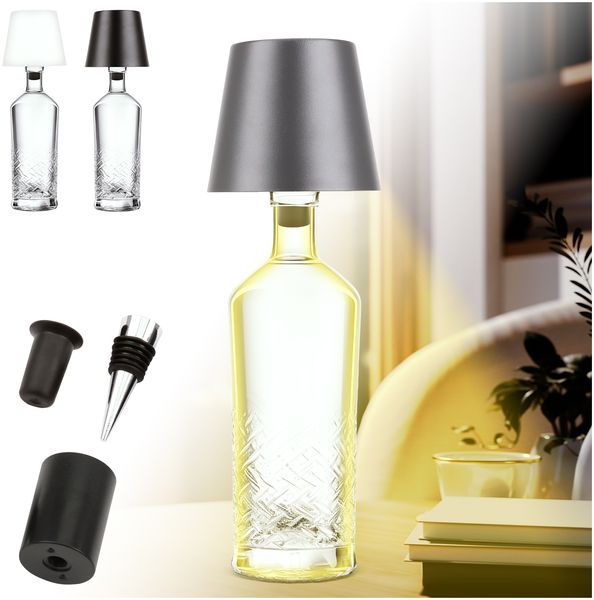 AddLiving LED Flaschenlampe | Akku-Lampe mit Touch-Funktion | Nachttischlampe dimmbar | Lampenschirm | 3 Lichtfarben | 56 LEDs | Wetterfest IP44 | Bottle Light | Inkl. 3 Flaschenaufsätze (Grau)