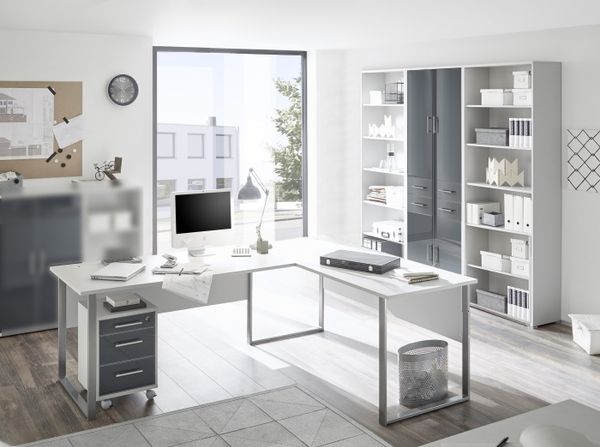 Büro Office Line Lux Büromöbel Komplett Set in Platingrau mit lackierten Fronten in Graphit – verschiedene Varianten wählbar - 5 teilig , Eckschreibtisch + Rollcontainer + Aktenschrank + 2x Aktenregal