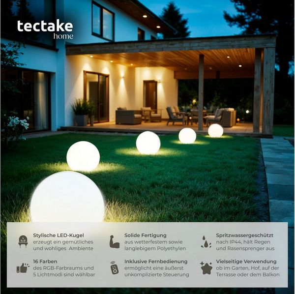tectake LED Gartenleuchte Kugelleuchte Luminous Globe, LED, mit Fernbedienung, LED, Bunt, Stylische LED-Kugel mit 3 Standfüßen und indirekter Beleuchtung