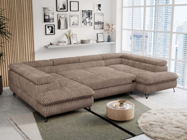 Mks Möbel 'Peter U' Wohnlandschaft mit Bettkasten, Bettfunktion & einstellbaren Kopfstützen, Braun, Cord Bild 4