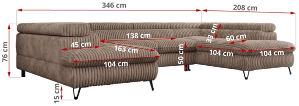 Mks Möbel 'Peter U' Wohnlandschaft mit Bettkasten, Bettfunktion & einstellbaren Kopfstützen, Braun, Cord Bild 8