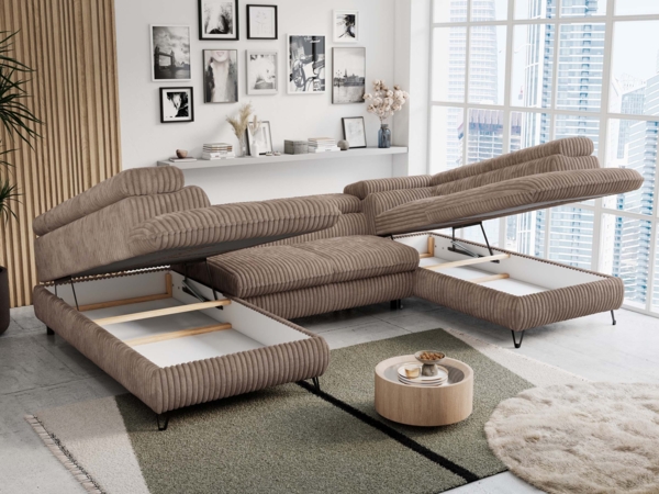 Mks Möbel 'Peter U' Wohnlandschaft mit Bettkasten, Bettfunktion & einstellbaren Kopfstützen, Braun, Cord Bild 3