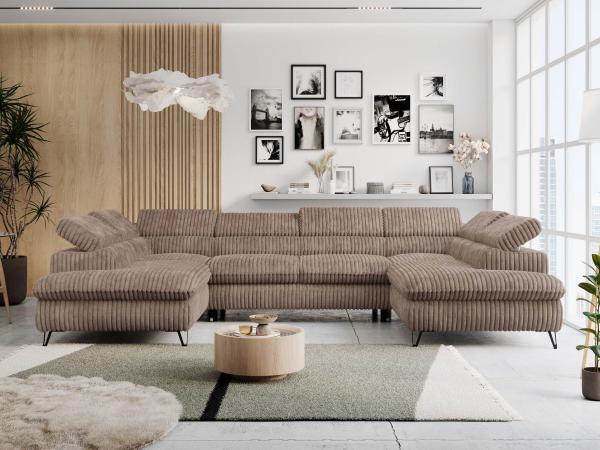 Mks Möbel 'Peter U-Form' Ecksofa mit Bettkasten, Bettfunktion & einstellbaren Kopfstützen, Braun, Cord