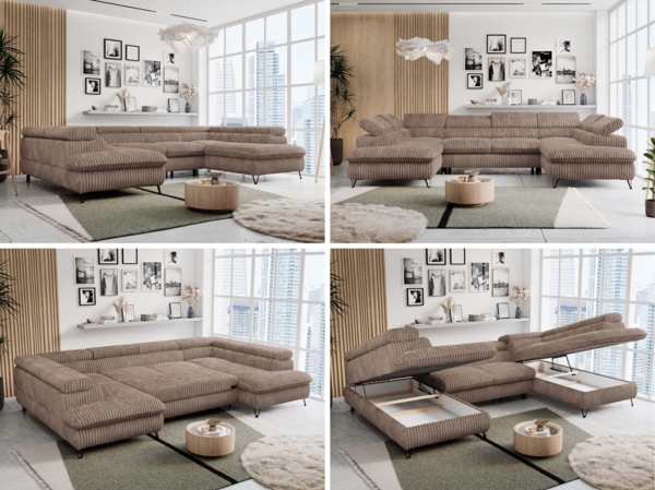 Mks Möbel 'Peter U' Wohnlandschaft mit Bettkasten, Bettfunktion & einstellbaren Kopfstützen, Braun, Cord Bild 2